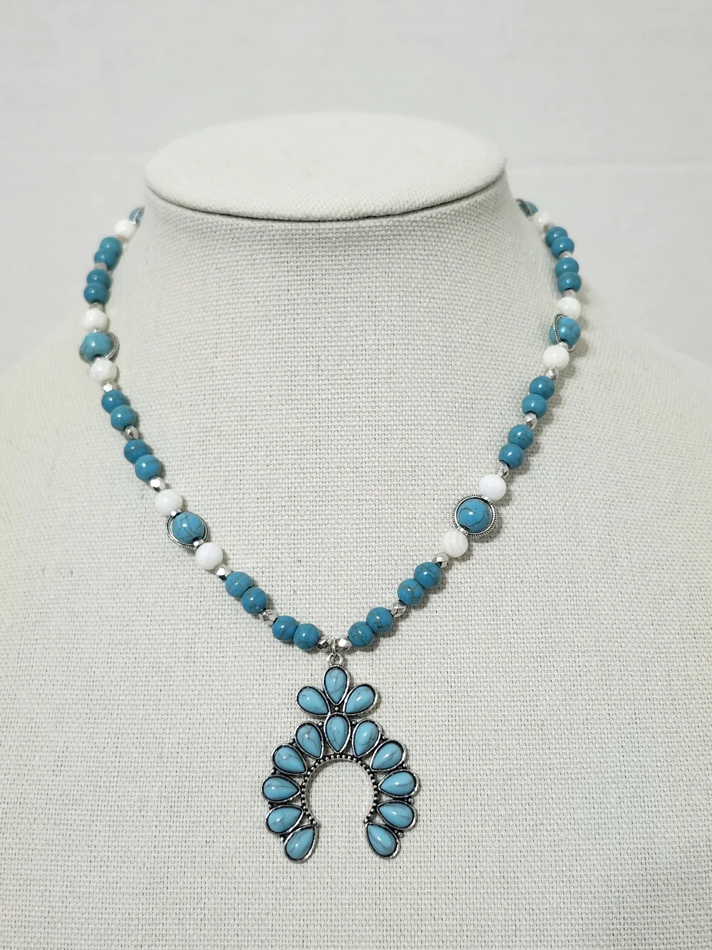Blue Stone Bead Necklace & Earring Set Floral Shell Statememt Handmade New